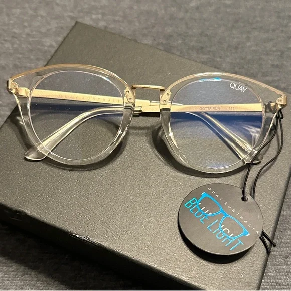 Quay Australia Women's Gotta Run Round Blue Light Blocking Glasses, Clear & Gold - Picture 2 of 13